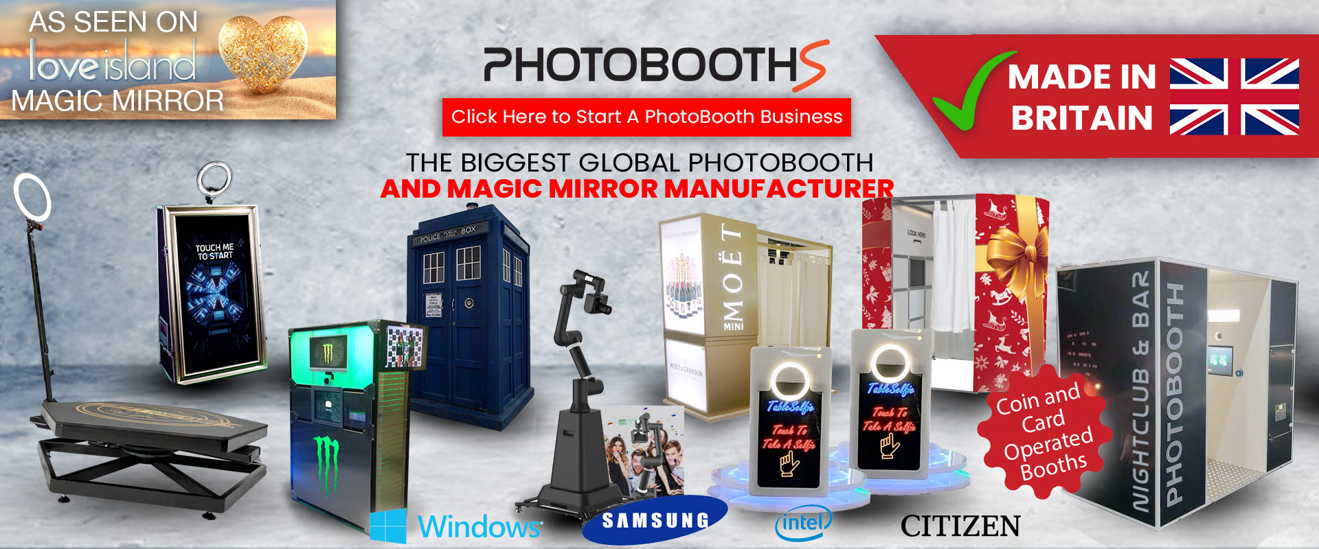 Photobooths Image showing 360 Photobooth, Magic Mirror, Table Photo Booth, traditional oval booth and more